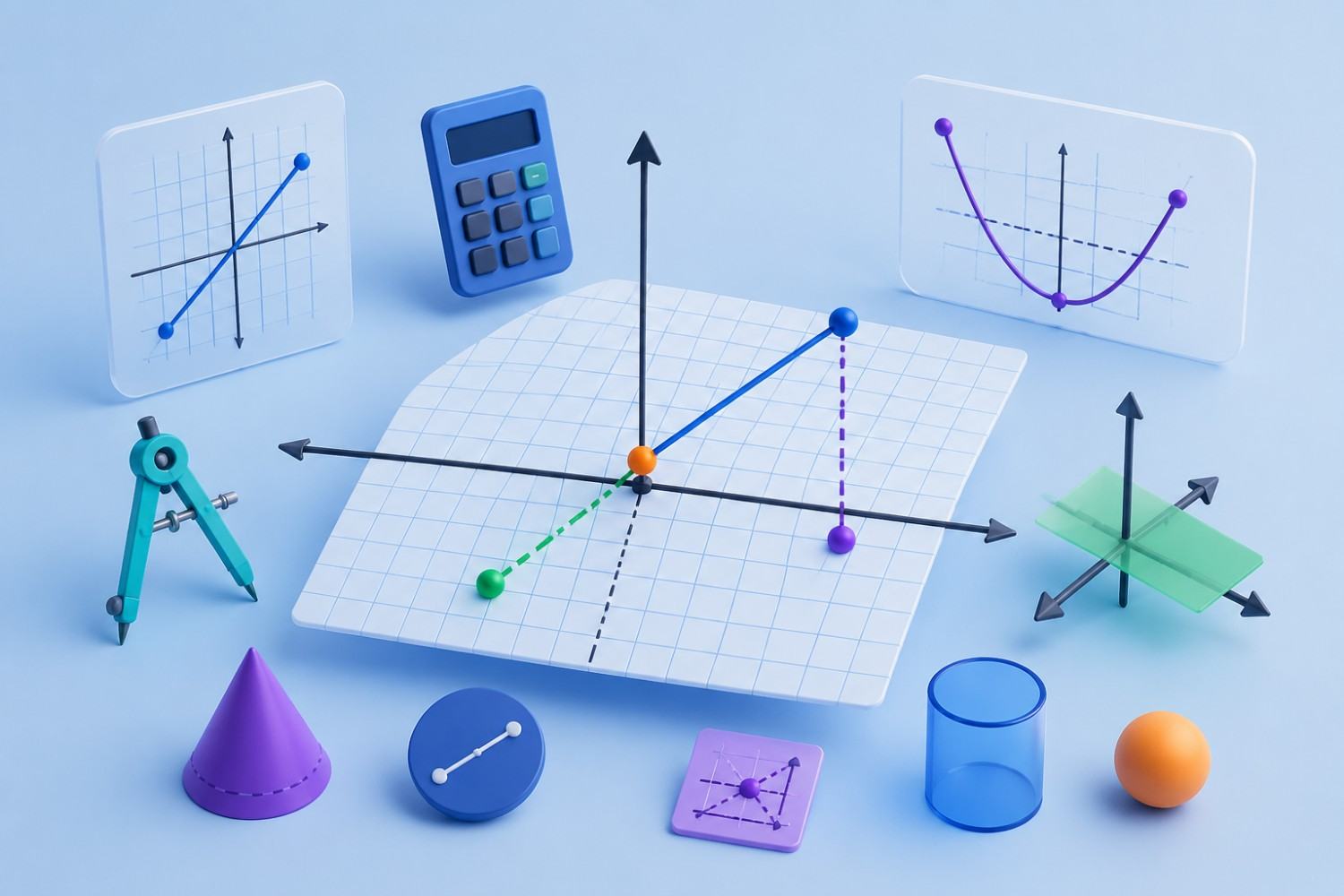 Coordinate geometry concept illustration featuring a 3D coordinate plane, plotted points, graphs, calculator, geometric shapes and mathematical tools for GMAT Quant preparation.